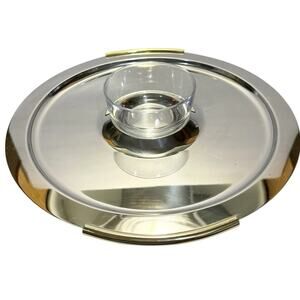 Vintage Summit 18/10 Round Steel Chip & Dip Tray Gold Handles Glass Bowl Italy